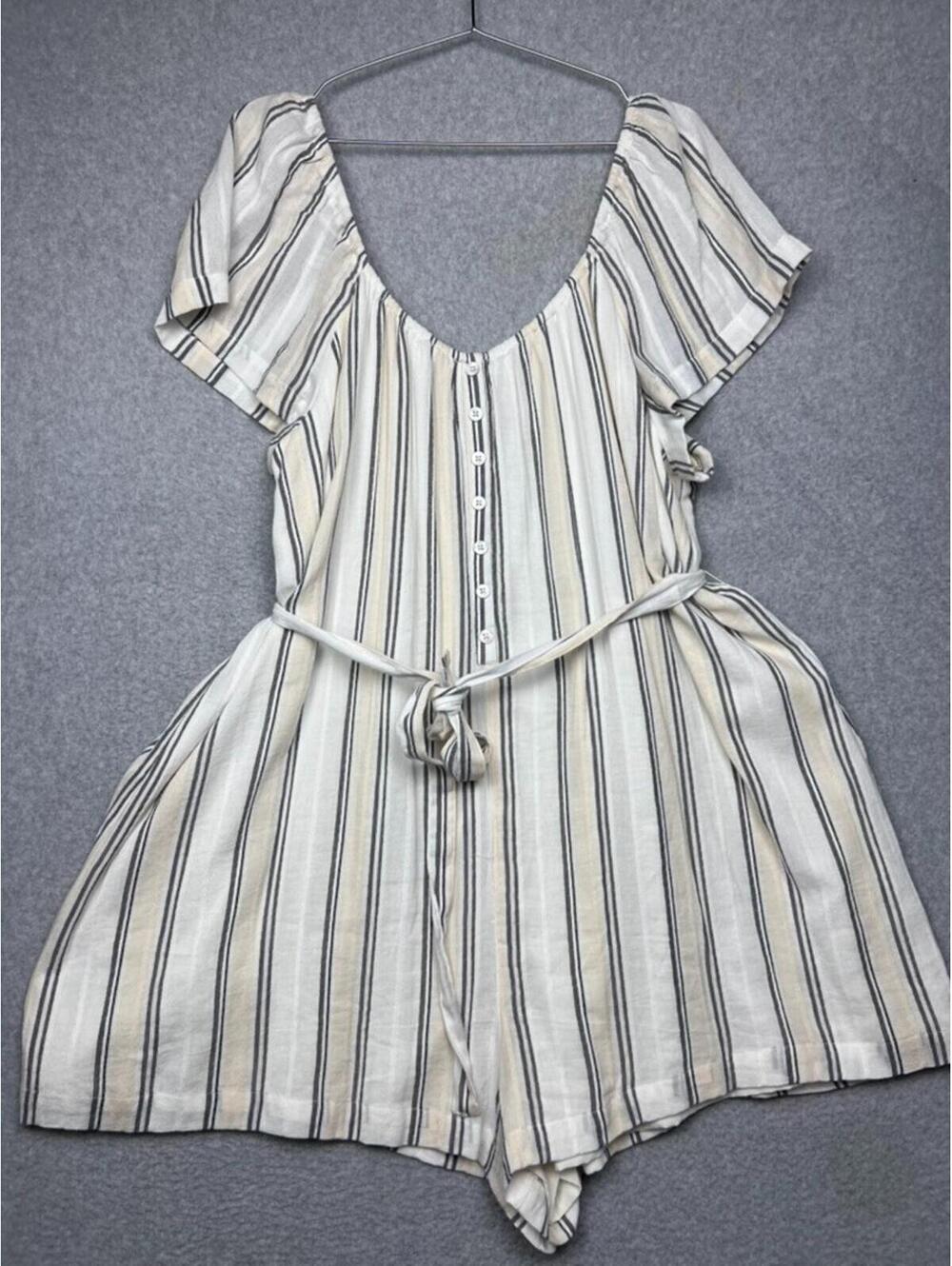 American Eagle Striped Romper Cotton Viscose Button Front Tie Cottagecore XXL 2X
